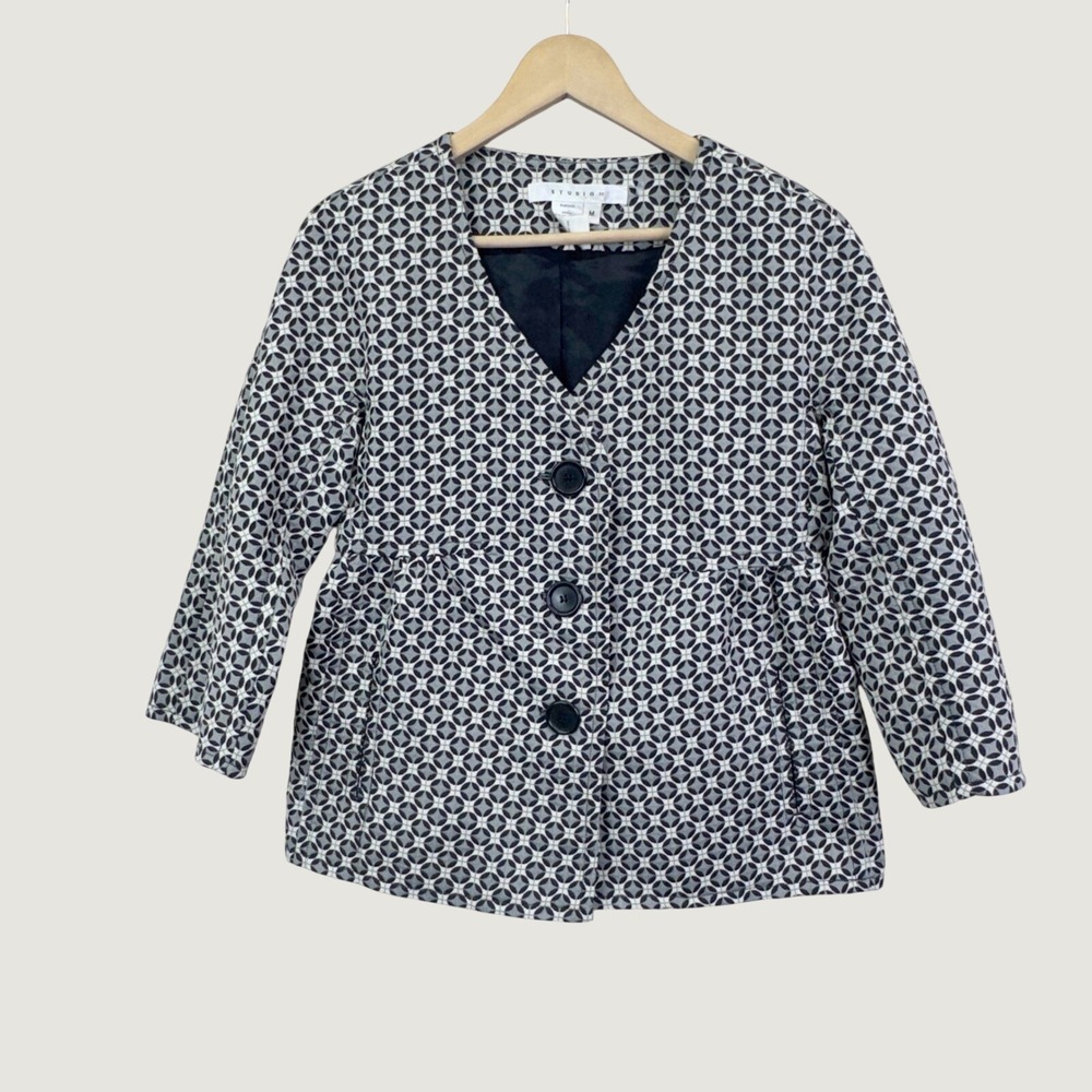 Studio M Geometric Print Jacket Size M Grey Black Retro Mod Career Blazer